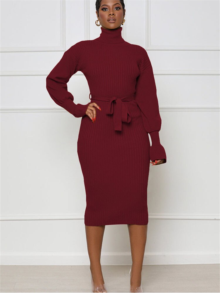 Long Black Sweater Dress Outfit Winter Female Turtleneck Solid Knit Sweater Bandage Midi Dresses Long Sleeve Casual Club Party Long Dress Women Autumn Winter