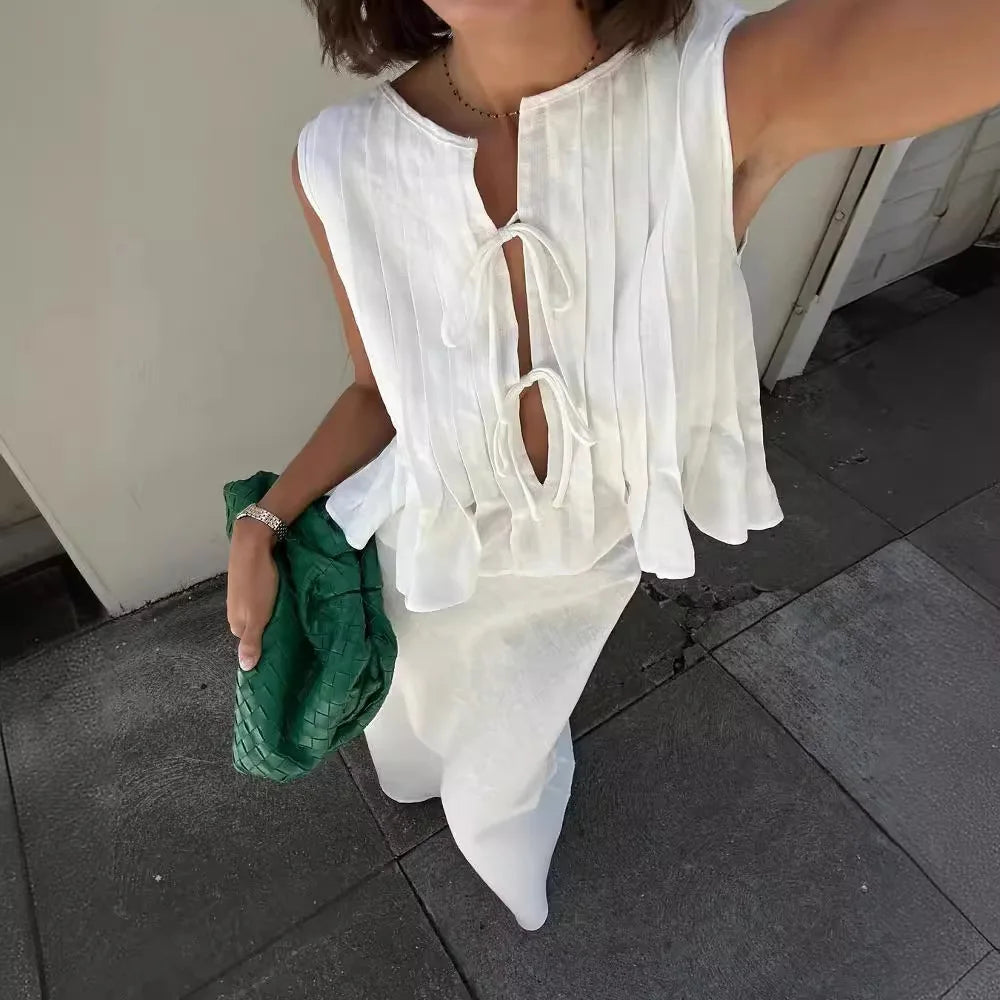 vmtvr Summer Fashion Cotton Linen Skirts Two Piece Sets Women Casual Outfits Draped Sleeveless Tops and Long Skirts Suits 2024