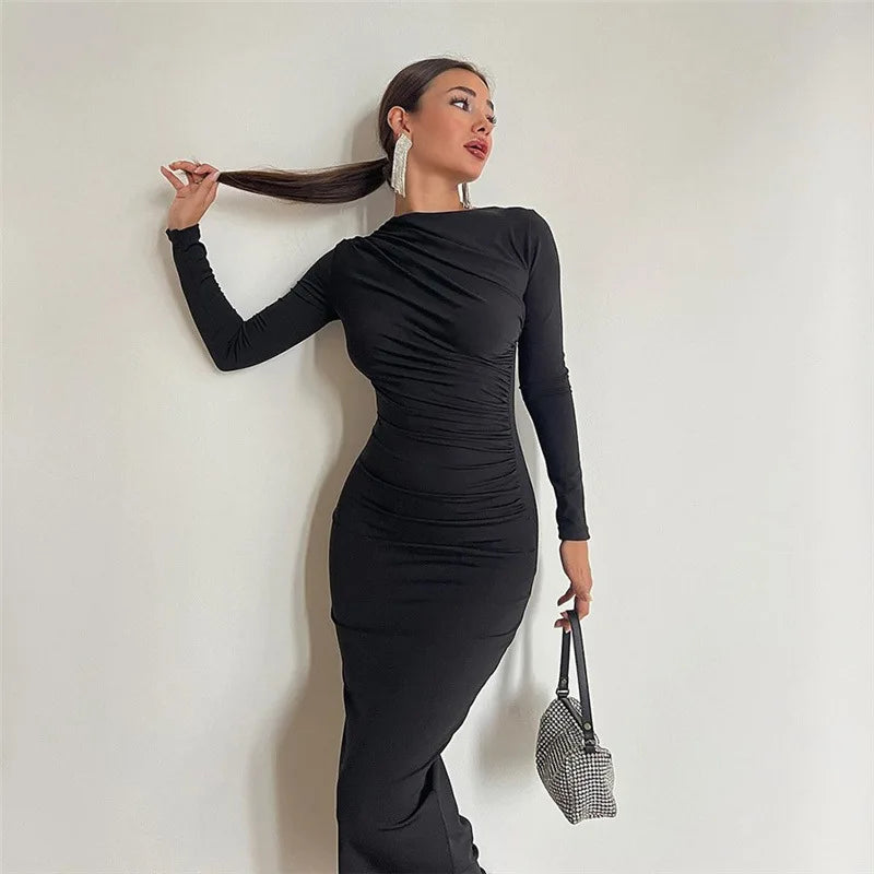 vmtvr Autumn Elegant Ruched Long Bodycon Dress Fashion Outfits for Women Club Party Slinky Sexy Dresses Birthday Robes