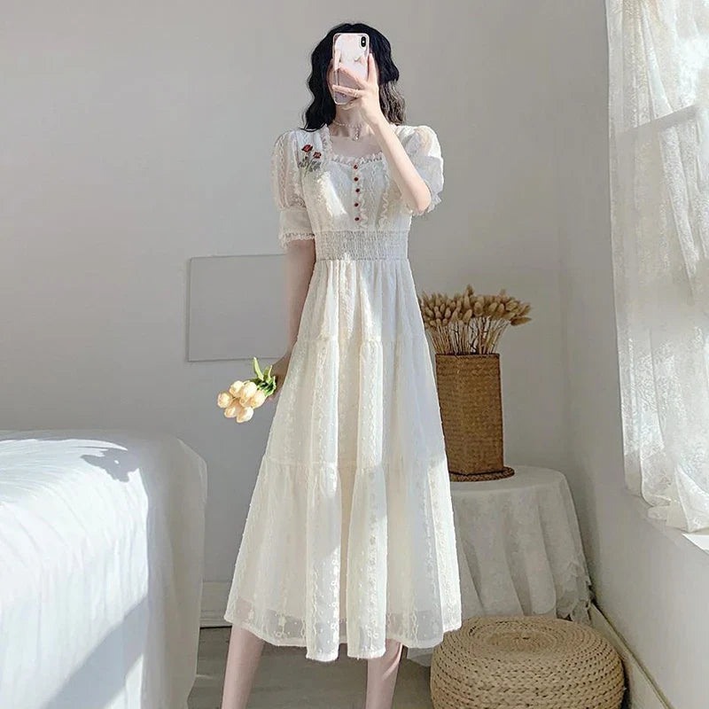 vmtvr Vintage Lace Fairy Midi Dress Women Summer French Floral Elegant Party Princess Dress Ladies Party One-piece Dress Korean