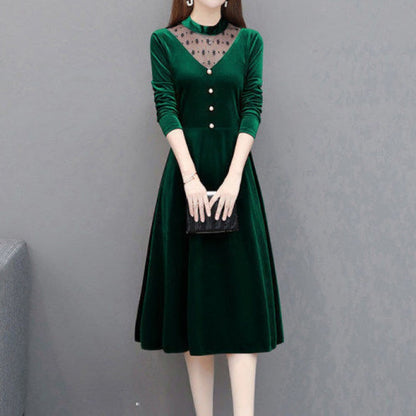 Women Autumn Winter Velvet A-Line Dress Office Lady Long Sleeve Party Lace Patchwork Midi Dresses Casual Elegant Vesitos Female