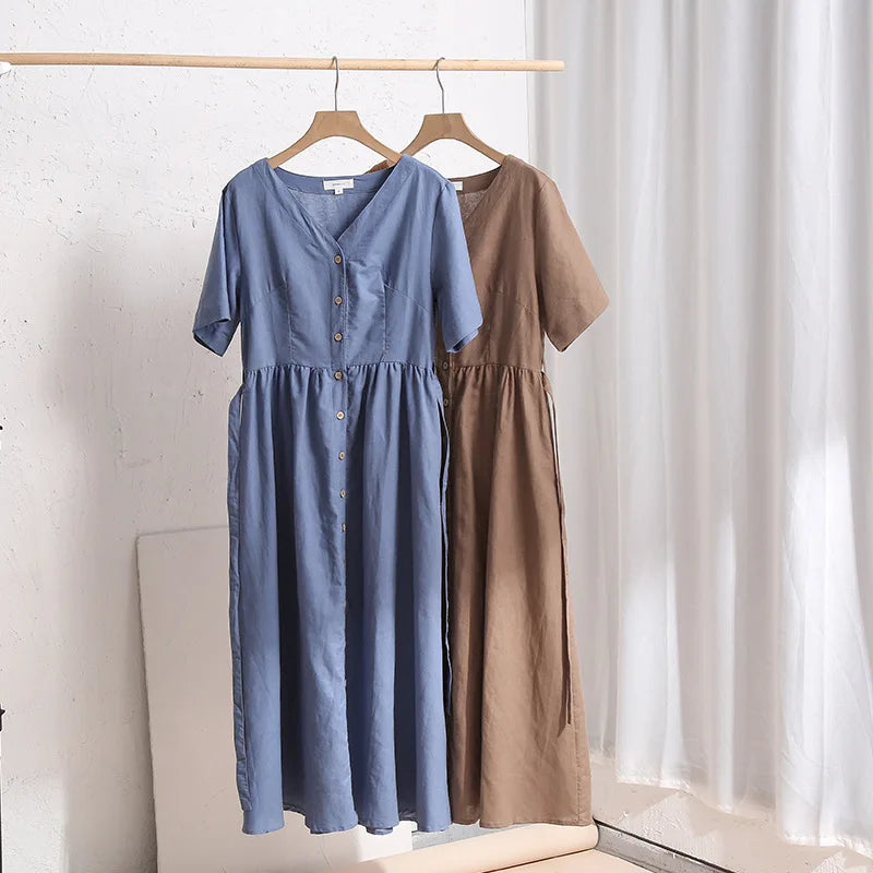 vmtvr  -  Vinatge Retro Cotton Linen Dresses For Women Chic Elegant V-Neck Button Up Streetwear Long Maxi Party Dress With Pocket And Belt