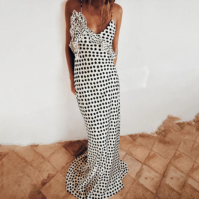 vmtvr  -  Women Elegant Polka Dot Print Halter Dress Summer Fashion Draped Satin Spaghetti Straps Dress Sexy V-neck Backless Long Dresses