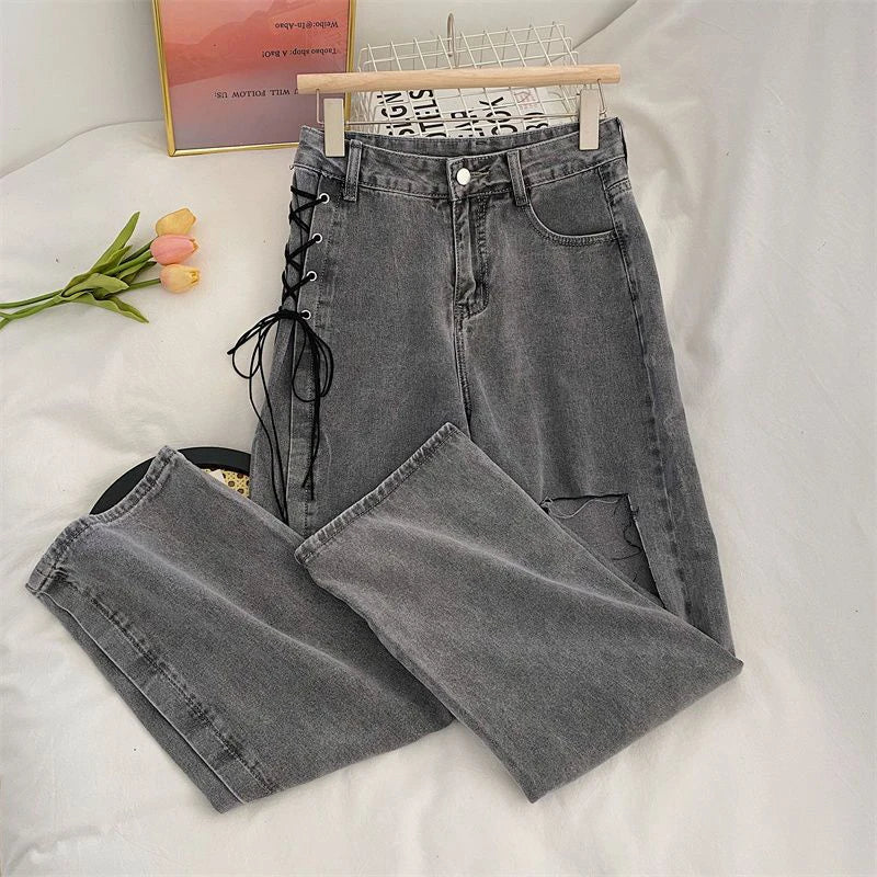 vmtvr Y2K Women Lace Up Jeans Summer All Match Streetwear Female Ripped Denim Trousers American Retro Loose Wide Leg Pants New