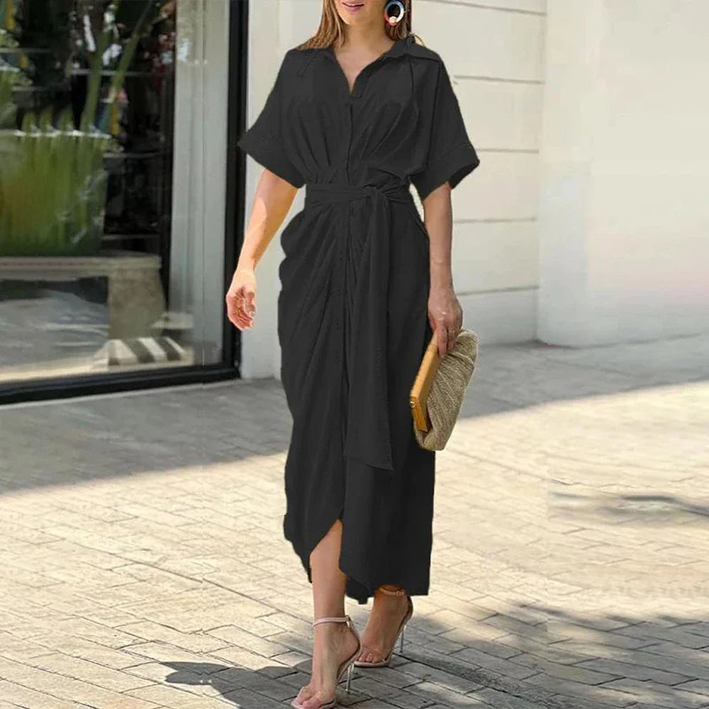 vmtvr High Waisted Lady Shirt Dress for Women Clothing 2024 Summer Classic Casual Slim Short Sleeve Women Dress Female Solid Long Skir