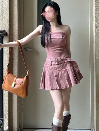 vmtvr  -  Sweet Hot Girl Pink Strapless Denim Dress Women's Summer Pure Sexy Slim Fit A-line Pleated Short Dress Fashion Female Clothes