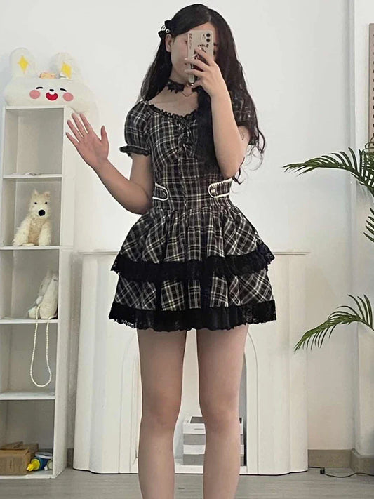 vmtvr  -  Preppy Style Sweet Black Plaid Dress for Women Gothic Subculture Lace Stitching Puff Sleeve Slim Multi-Layer Mini Dress Summer