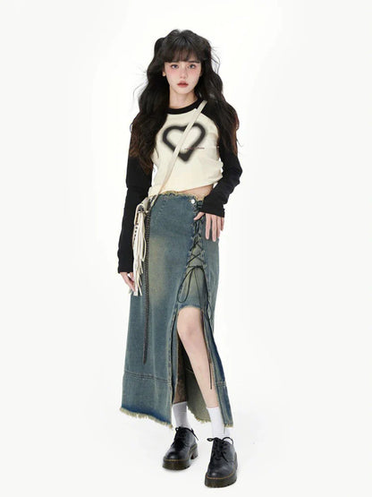 -Fall Outfits Long Sleeve Top -Heart Print T-shirts Women Slim Tees Y2k Female Vintage Long Sleeve Top Ladies Fashion Casual Patchwork Top Japanese Streetwear