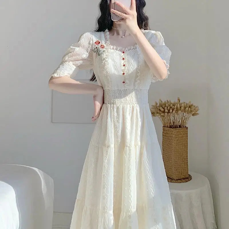 vmtvr Vintage Lace Fairy Midi Dress Women Summer French Floral Elegant Party Princess Dress Ladies Party One-piece Dress Korean