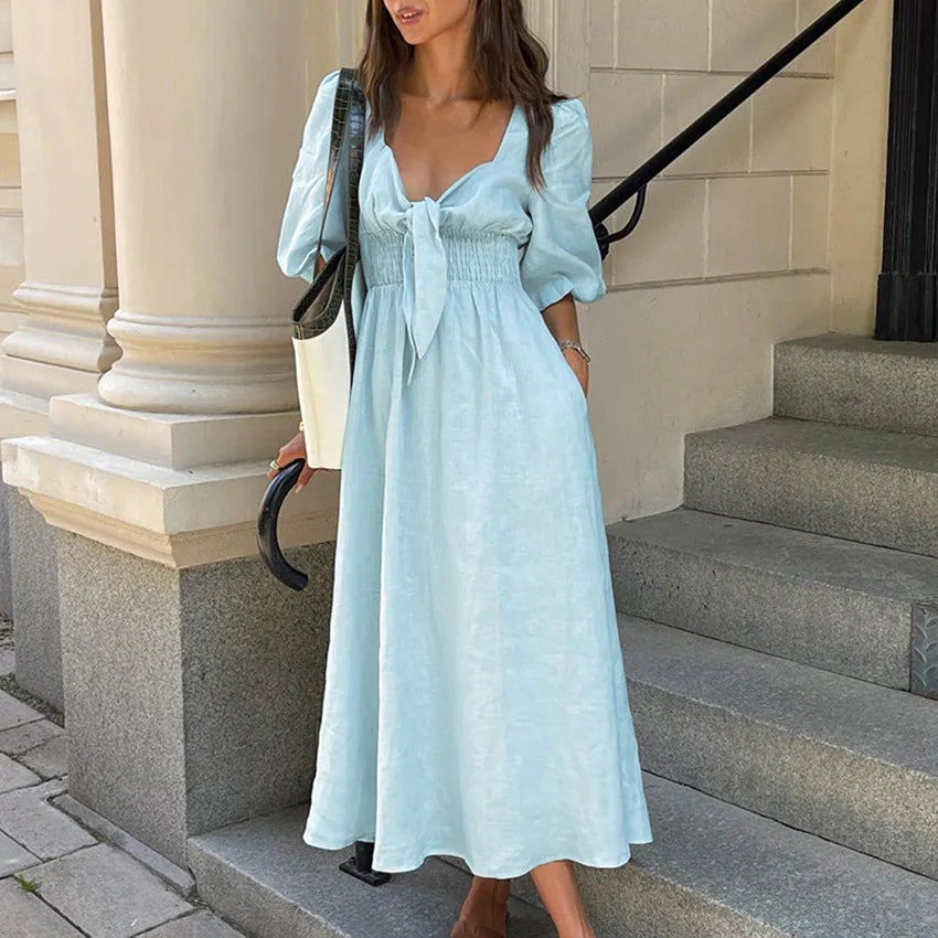 vmtvr Original V-Neck Strap Design Cotton Linen Dress Spring and Summer Women's High Waist Bubble Sleeves Beach Vacation Casual Dress