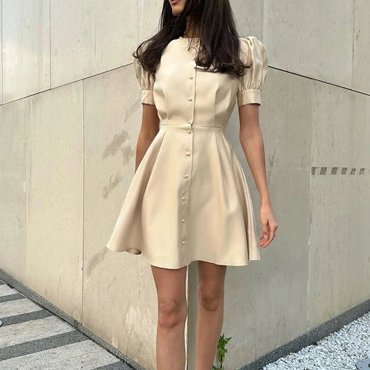 vmtvr Spring Solid Pearl Buckle A-Line Party Dress Women Elegant Crew Neck Hem Office Mini Dress Summer Puff Short Sleeve French Dress