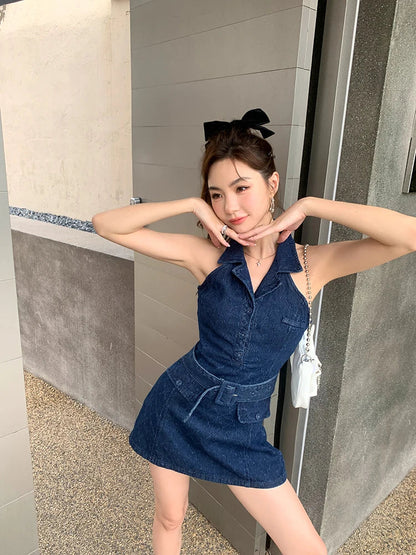 vmtvr  -  Sleeveless Polo Collar Denim Mini Dress