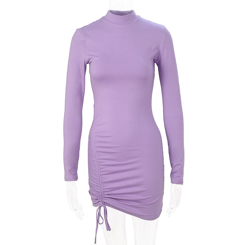 vmtvr - 2023 Spring Autumn Sexy Party Dress Women Long Sleeve Ruched Bodycon Black Purple Turtleneck Bandage Mini Dresses vestidos