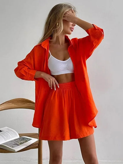 vmtvr Summer Women's Suit Solid Cotton Casual Shorts and Shirts 2 Piece Sets Womens Outfits Linen Fashion Blouse Women's Suit 2024