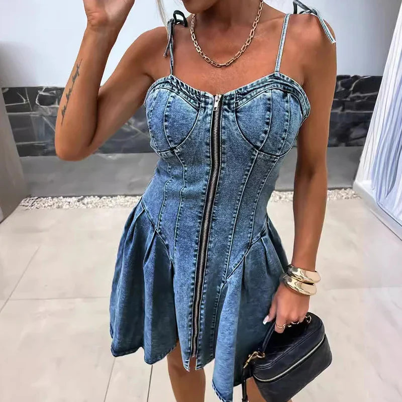 vmtvr  -  Elegant V-neck Tie Solid Suspenders Dress Women Fashion Zip Waist Solid Denim Party Dress Women Casual Ruffles Slim Mini Dresses