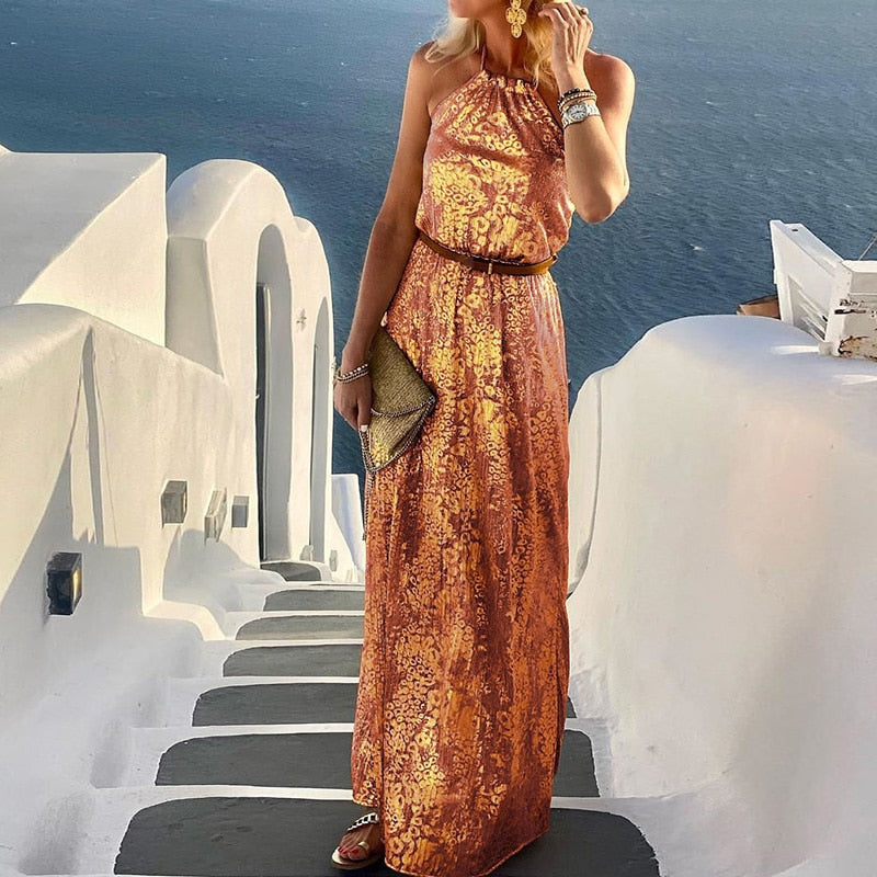 Spring Summer Neck-Mounted Maxi Dress Chic Lady Sleeveless Patchwork Print Dress Women Backless Halter Party Beach Dress Vestido