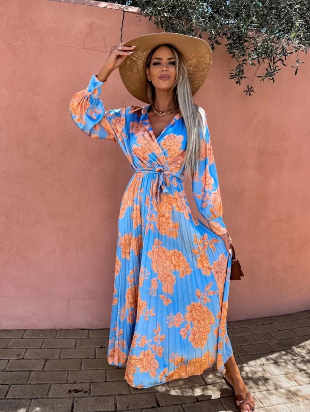 Red Dot Print Boho Long Chiffon Summer Beach Elegant Midi Women's Dress Floral V-Neck Folds Ruffles Wrap Dresses Split Vestidos