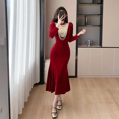 vmtvr  -  Fashion French Beading Necklace Sequin Red Velvet Party Dress Fall Winter Women Stand Collar Split Bodycon Mermaid Long Clothes