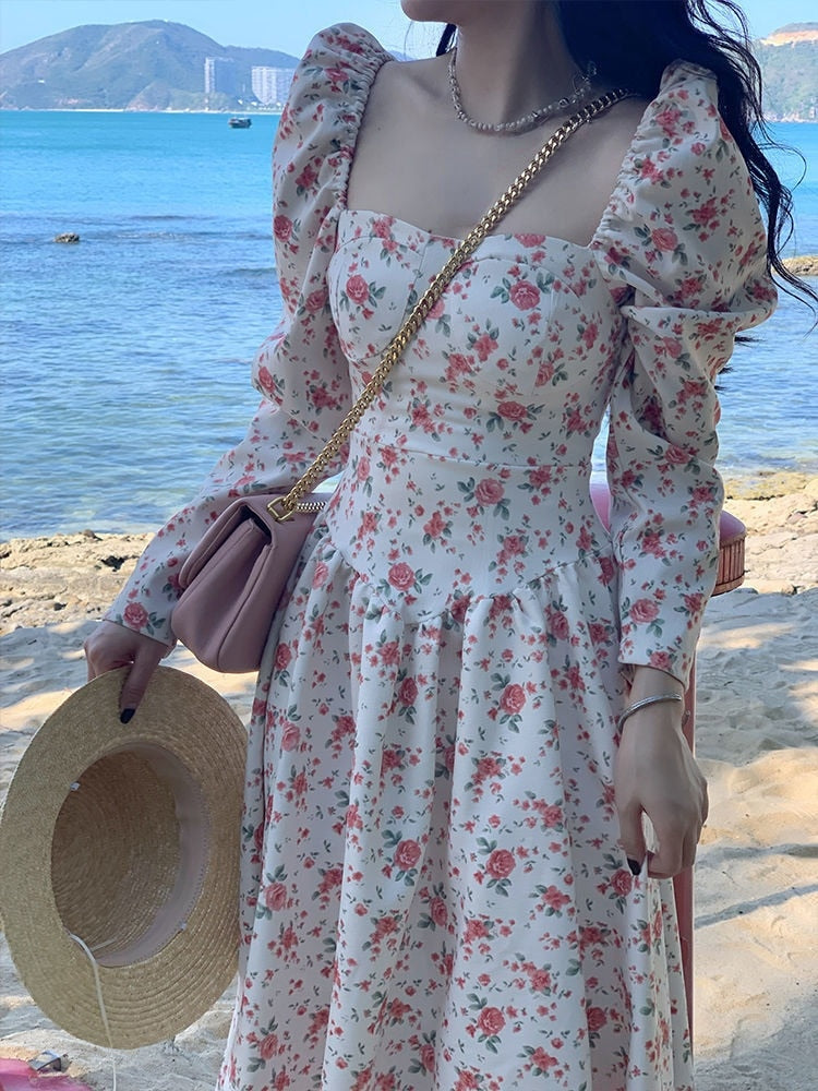 Midi Floral Dress Slim Long Sleeve Elegant Dress Woman Vintage Beach Evening Party Dress Korean Fashion Spring Casual Chic