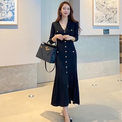 Vintage Korean Maxi Dresses for Women Party Long Sleeve V-neck Mermaid Dress Elegant Fashion Ladies Vestidos Femme Autumn