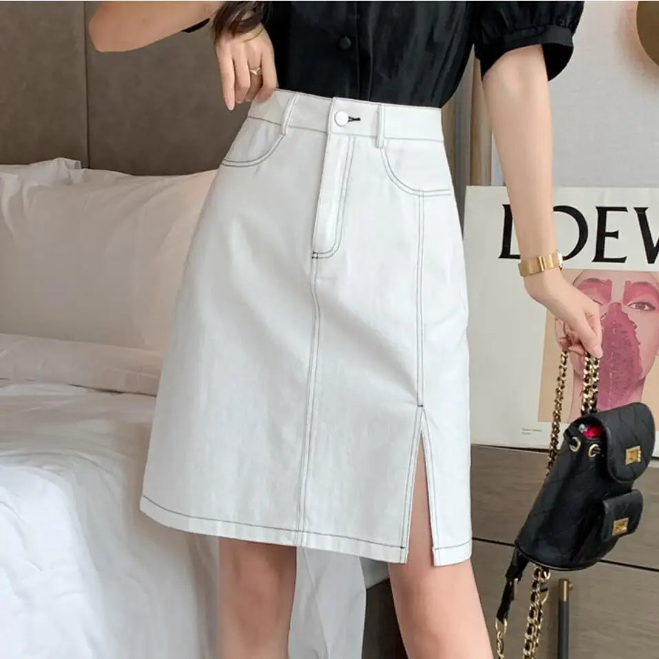 vmtvr Vintage Women Side Split Denim Skirts Pocket Ladies 2024 Summer A-Line Loose Casual High Waist Knee-Length Jeans Skirt