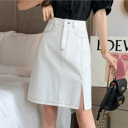 vmtvr Vintage Women Side Split Denim Skirts Pocket Ladies 2024 Summer A-Line Loose Casual High Waist Knee-Length Jeans Skirt