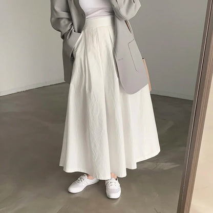 vmtvr Elegant Women White Long Pocket Skirts For Female Casual Loose A-Line High Elastic Waist Midi Skirt 2024 Spring Summer L986