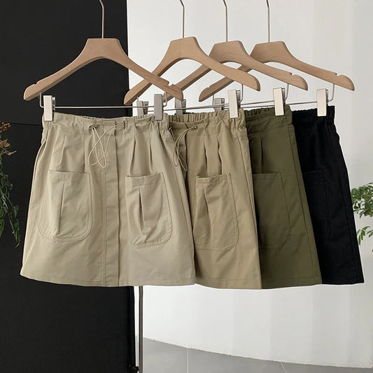 vmtvr High Waist Women Cargo Skirts Korean Fashion Drawstring Streetwear Mini Skirts Summer Casual Female Pocket A Line Skirts