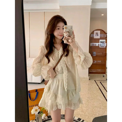 vmtvr Casual Fashion Skirt Suit Women's New Summer Shirt And Long-sleeved Shirt Top 2-piece Set