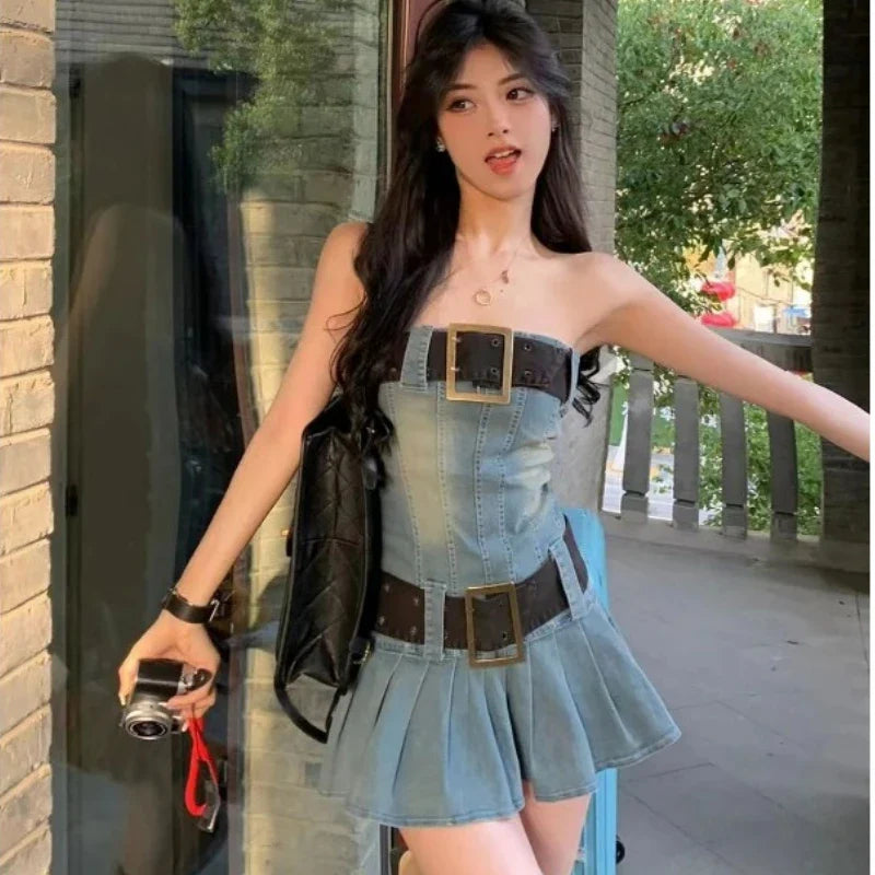 vmtvr  -  Vintage Strapless Denim Dress Women Bodycon Sexy Dress Harajuku Pleated Mini Skirt Trends Clothes Design Chic Streetwear Summer