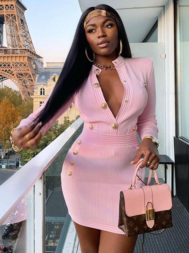 New Winter Style Sexy Long Sleeve Key Hole Button Pink Mini Women Bodycon Bandage Dress 2023 Elegant Evening Club Party Dress