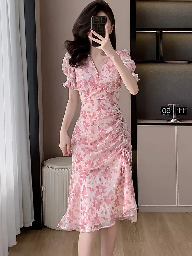 vmtvr 2024 Pink Floral Chiffon Sequins Luxury Prom Clothes Women Short Sleeve V-Neck Casual Ruffled Dress Summer Korean Fashion Dress