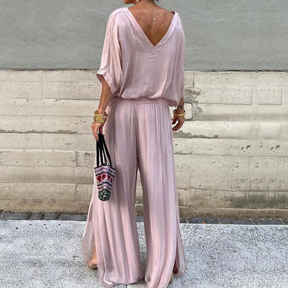 vmtvr Female Casual Solid Loose Chiffon Suit Spring V Neck Backless Top Pullover & Pleated Pants Outfits Summer Half Sleeve Women Sets