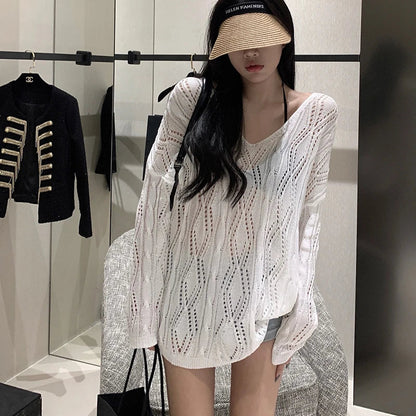 vmtvr Summer Sexy Hollow Out Knit Blouse Women Korean Fashion Lace Up Loose Sun Protection Shirts Casual Streetwear Female Tops