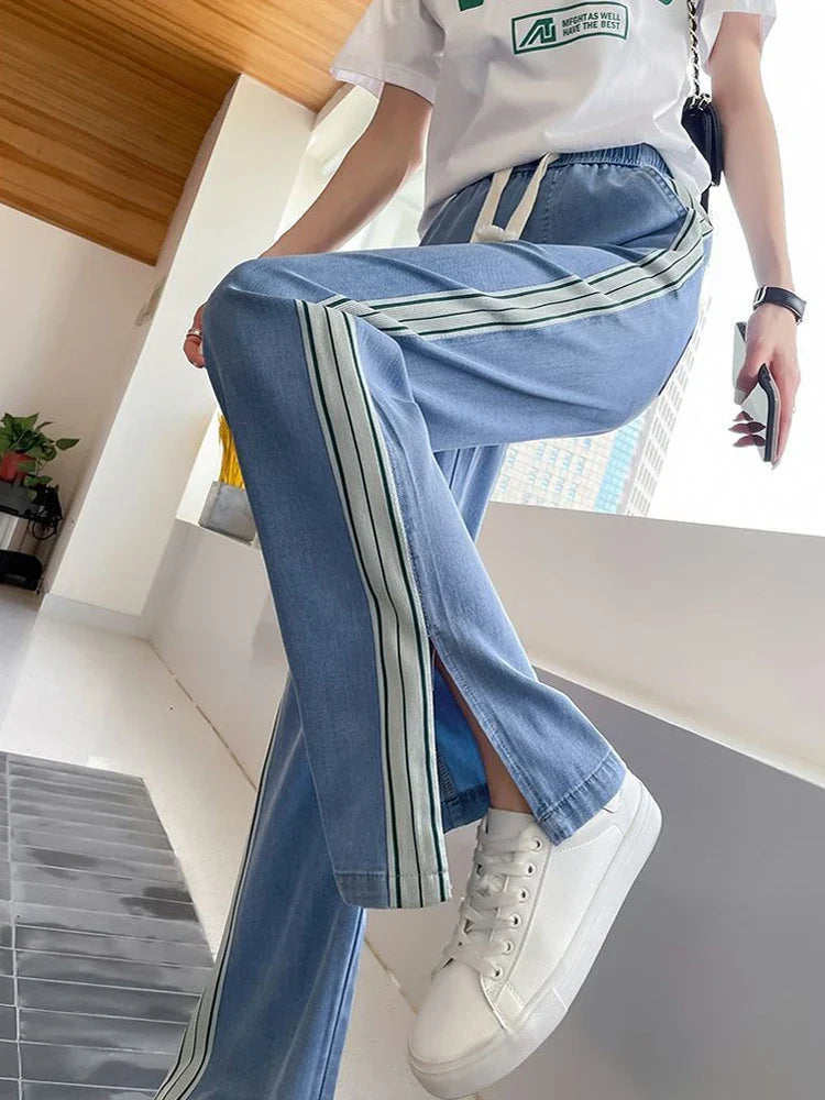 vmtvr Harajuku Striped Slit Wide Leg Denim Pants Women Summer Thin High Waist Baggy Jeans Fashion Lace Up Female Casual Trousers