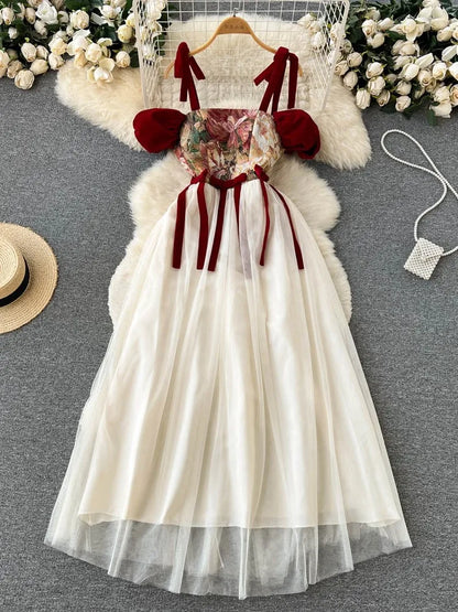 France Vintage Bow Mesh Wedding Runway Party Dresses Women Summer Fashion Elegant Strap Graduation Evening Vestidos Ladies Robe