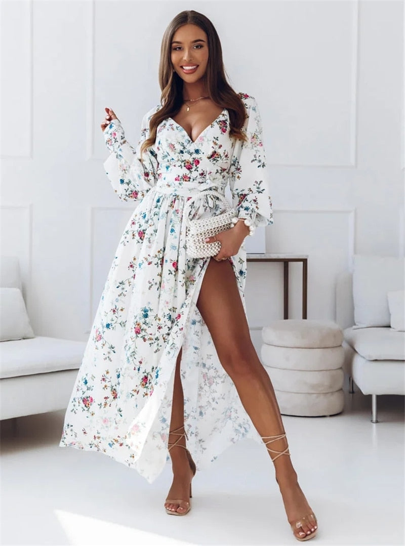 Red Dot Print Boho Long Chiffon Summer Beach Elegant Midi Women's Dress Floral V-Neck Folds Ruffles Wrap Dresses Split Vestidos