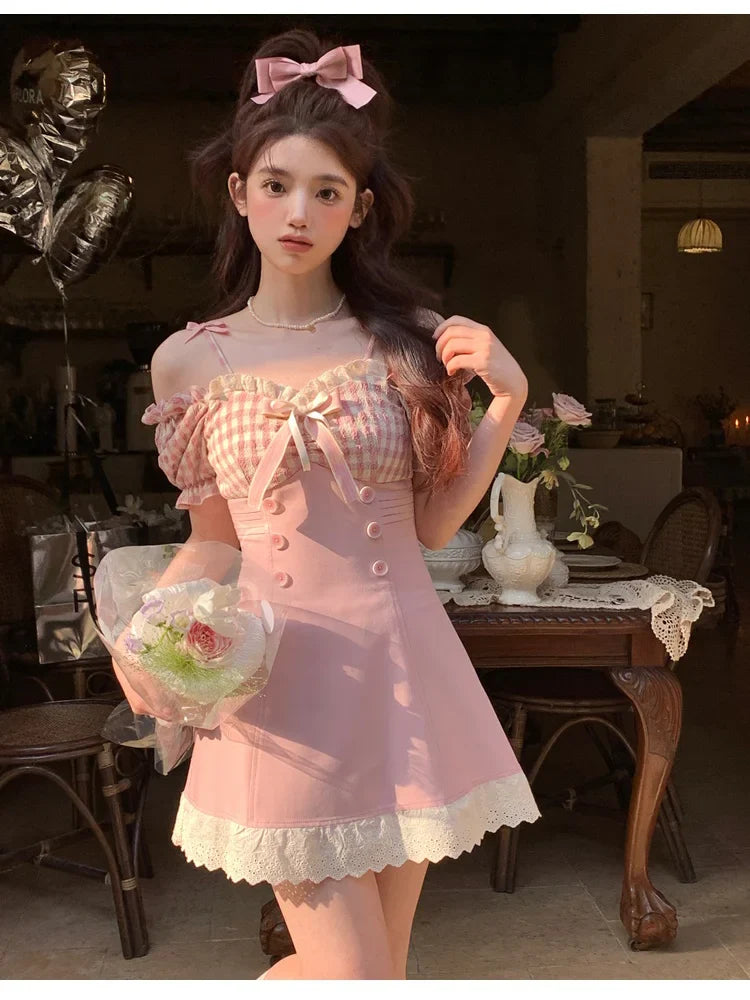 vmtvr  -  Sweet Pink Plaid Bow Princess Mini Dress Women Summer Sexy Slim Slash Neck Lace Ruffle Kawaii Y2k Lolita Female Clothing