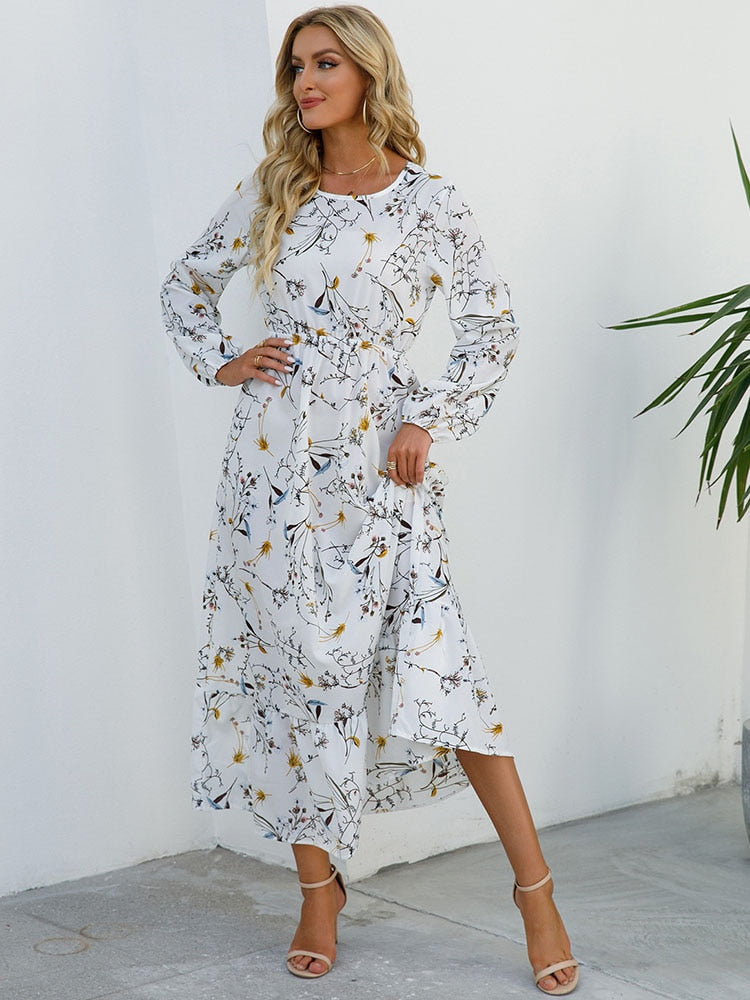 vmtvr - Elegant Floral Print Women Dress Spring Summer Casual O Neck Long Sleeve Chiffon A Line Long Maxi Dress Party Vestidos