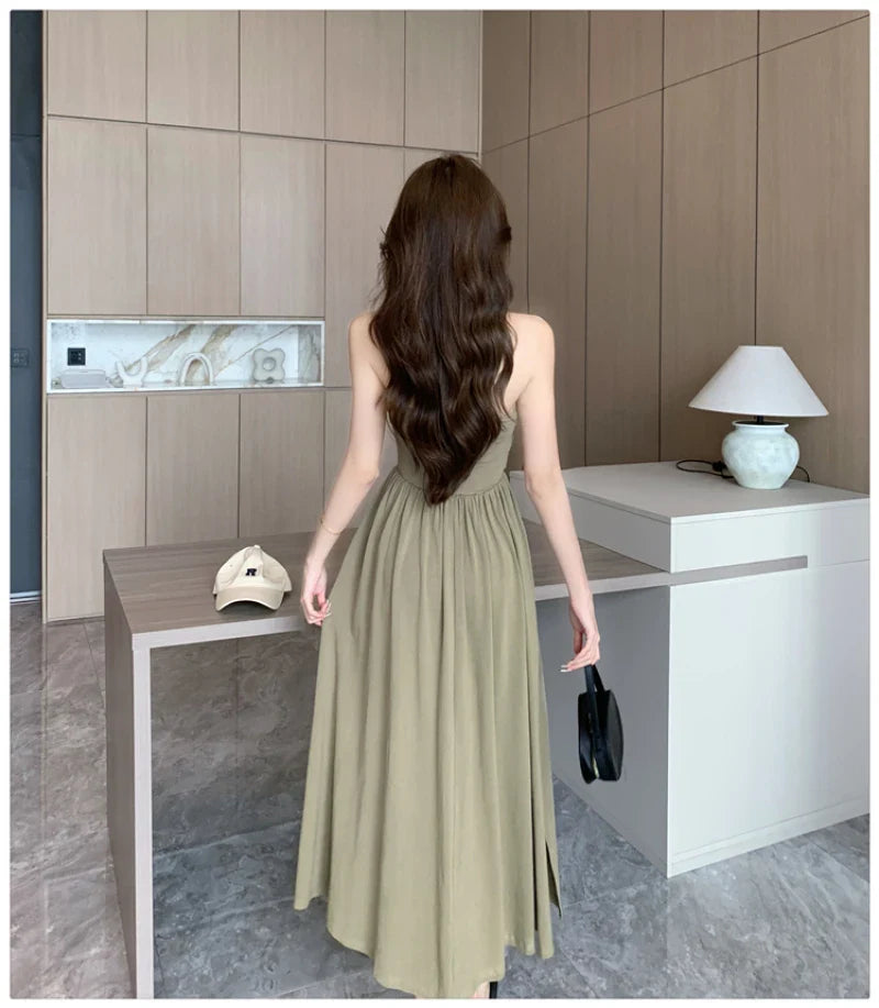 vmtvr  -  Midi Dresses for Women Summer New Modal Casual Female Clothes Sexy Sleeveless Sundress Pleated Korean Fashion Black Dress