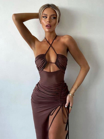 vmtvr - Hot Summer Sexy Halter Backless Sleeveless Cut Out Maxi Dress for Women Elegant Club Party Slit Dresses Vestido