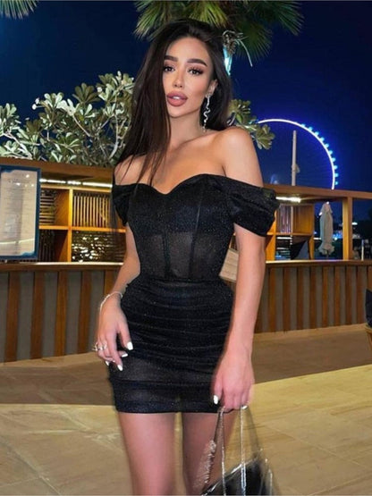 Women's Sexy Off Shoulder Tight Wrap Mini Dress Fashion Off Shoulder Pleated Hem Bodycon Dresses  Female Party Club Dress