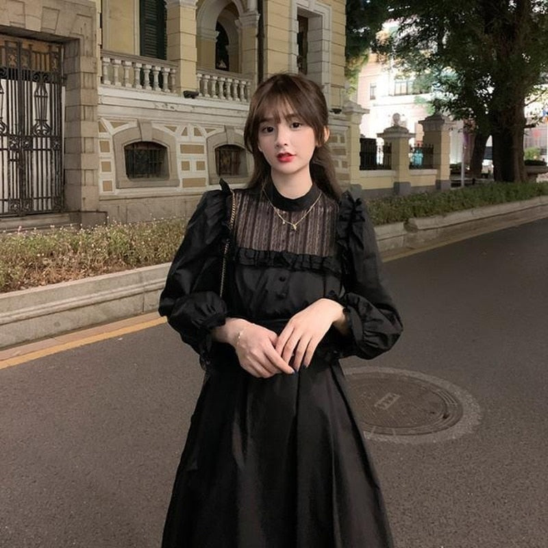 vmtvr - Gothic Black Lace Dress Women Casual Elegant Party Midi Ruffle Long Sleeve Dress Emo Y2k Goth Clothes 2022 Spring Robes