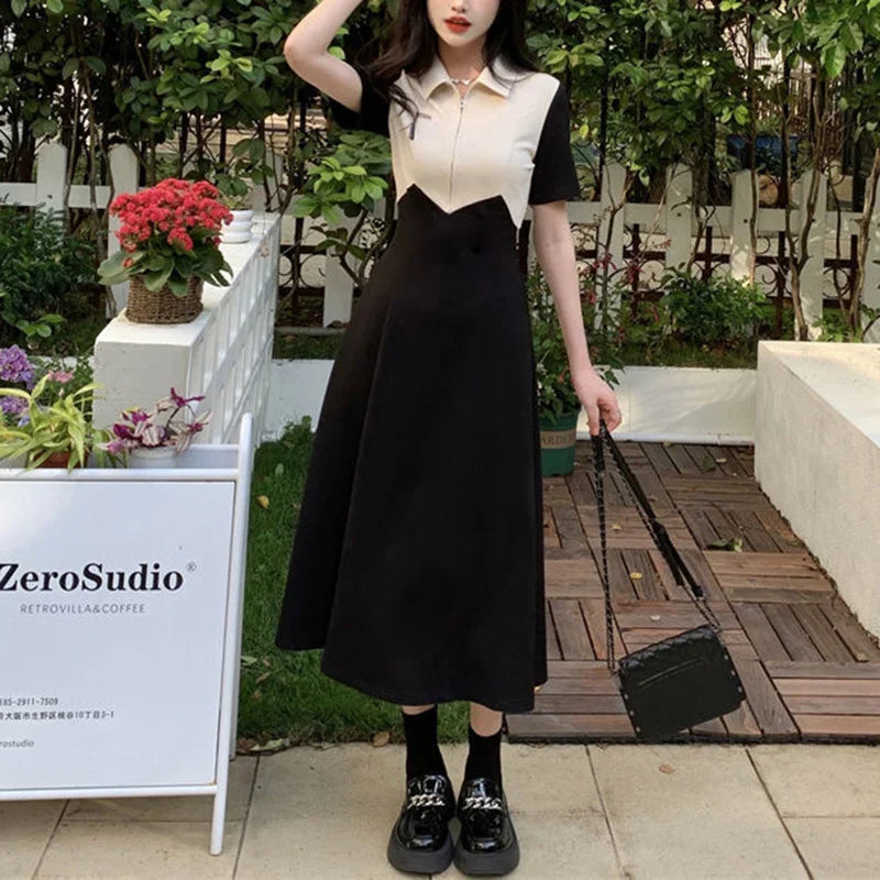 vmtvr Patchwork Fork Women Dress Korean Fashion Zipper Short Sleeved Dress Y2K Summer Grace Female Preppy Style Dresses New