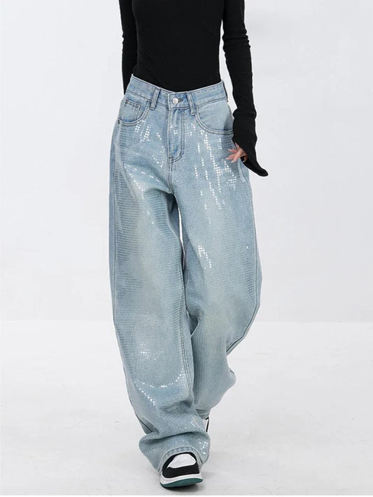 vmtvr Heavy Sequins Jeans for Women 2024 Summer New Fashion Retro High Waist Loose Casual Straight Denim Pants Wide Leg Pants