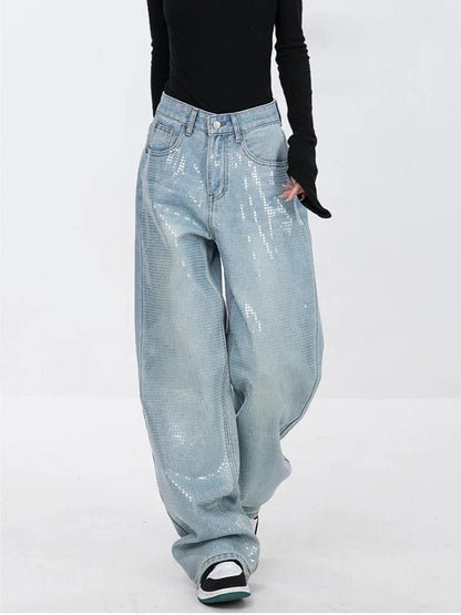vmtvr Heavy Sequins Jeans for Women 2024 Summer New Fashion Retro High Waist Loose Casual Straight Denim Pants Wide Leg Pants