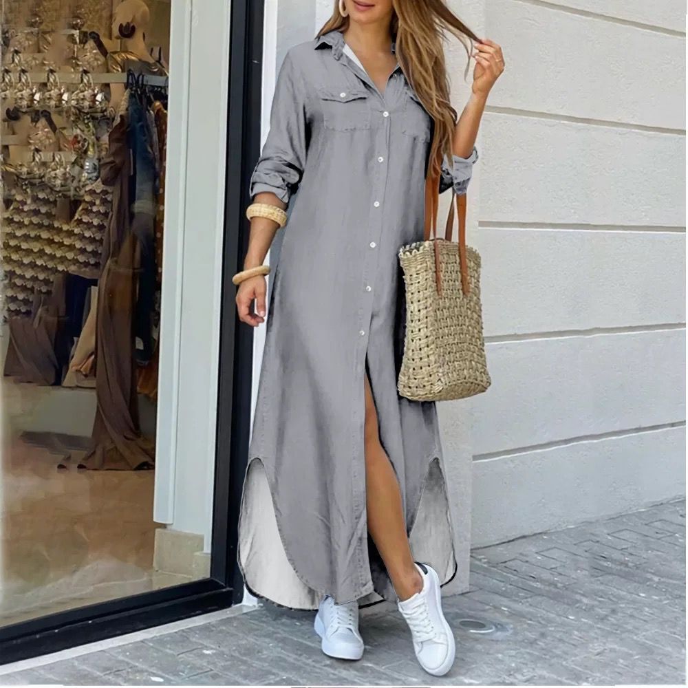 vmtvr - Casual Long Shirt Dress Autumn Women Long Sleeve Maxi Dresses Laides Turn-down Collar Office Dresses Loose Sundress Robe Longue