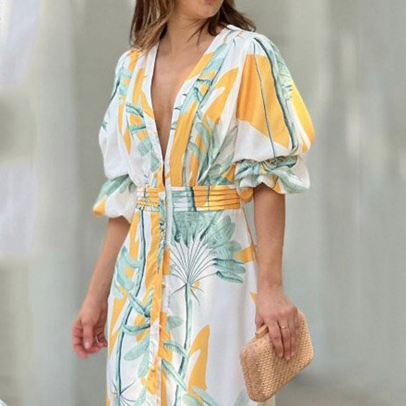 vmtvr Women Maxi Dress Summer Stylish Print Short Puff Sleeve V Neck Nipped Waist Slim Single Row Button Beach Party Dresses