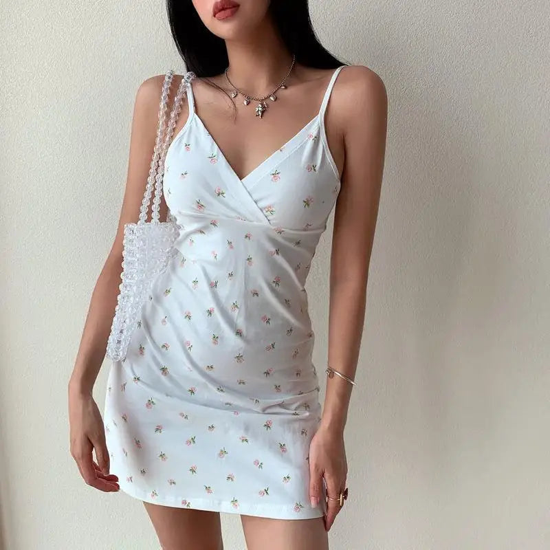 Women's Bodycon White Dress Summer 2024 Vintage Print V-neck Halter Floral Maxi Puss Sexy Backless Vestidos Casual Elegant Y2k