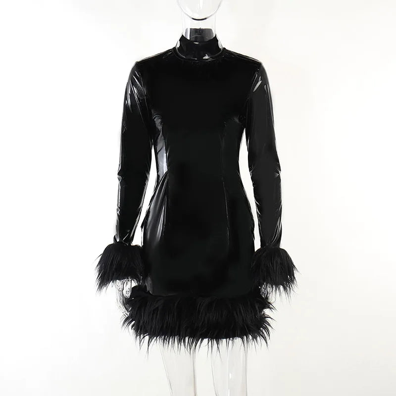 vmtvr - 2024 Spring Black PU Leather Feathers Mini Dress for Women Fashion Outfits Sexy Bodycon Dresses Party Club Clothes Prom Vestidos